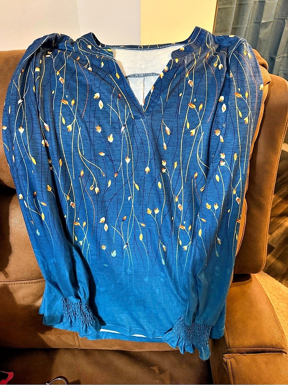 Romwe Floral Long Sleeve Blouse in Blue & Yellow